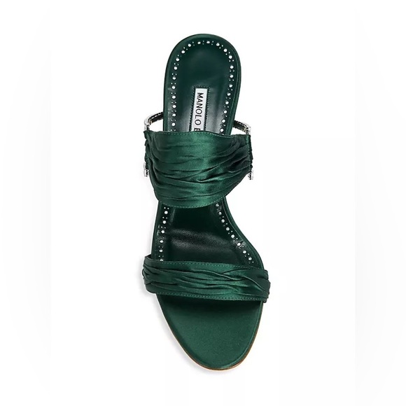 Manolo Blahnik Dark Green Gathered Satin Chinap 70mm open toe mules EU 37.5 - Picture 3 of 12